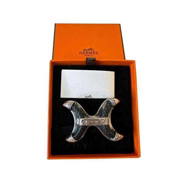 HERMES “H” Tribal Western Silver Black Belt Buckle - Picture 1 of 9